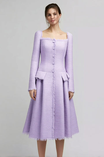 Lilac A Line Square Neck Midi Work Dress with Pleats